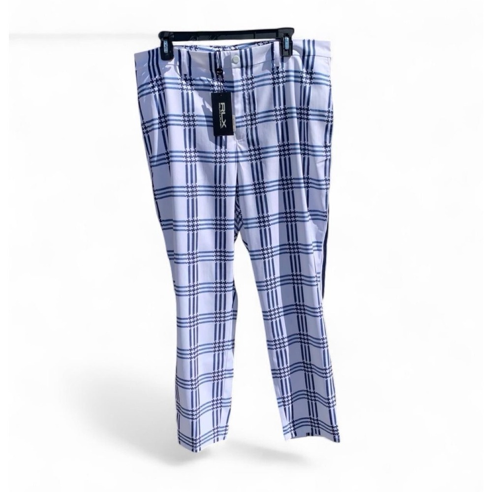 RLX Ralph Lauren Women's Golf Plaid Ankle Pants Stretch White/Blue 14